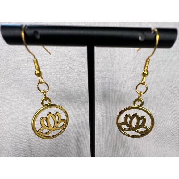 Handmade Gold Circular Lotus Dangly Earrings - Picture 2 of 4